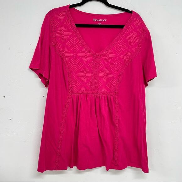 Roamans Pink Lace Short Sleeve Tee Shirt Womens 1X Boho Cassic Top Crochet Boho - Picture 1 of 5